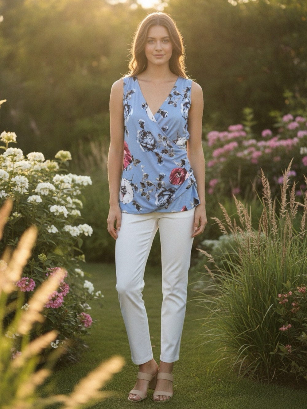 Ricki's Light Blue Floral Surplice Tank with Pink & Navy Blooms size XL
